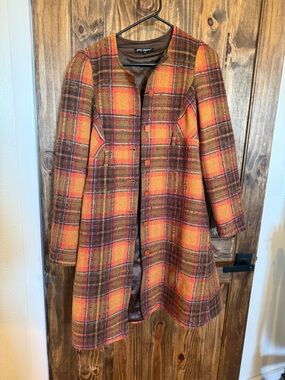 Betsey Johnson Orange and Brown Plaid Wool Coat